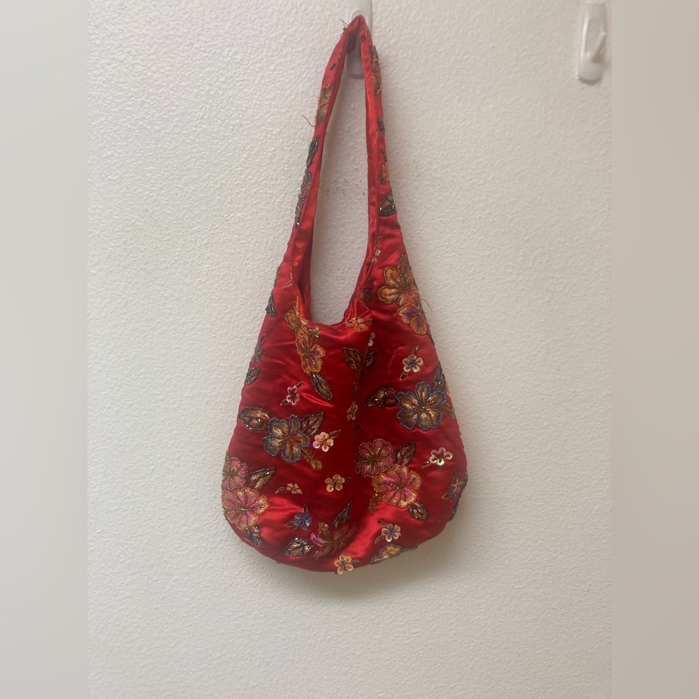 RED BEADED AND SEQUINED SATCHEL BAG